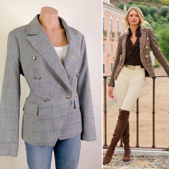 Boston Proper Jackets & Blazers - Boston Proper Plaid Modern Double Breasted Lapel Collar Blazer Gray Plus Size 14